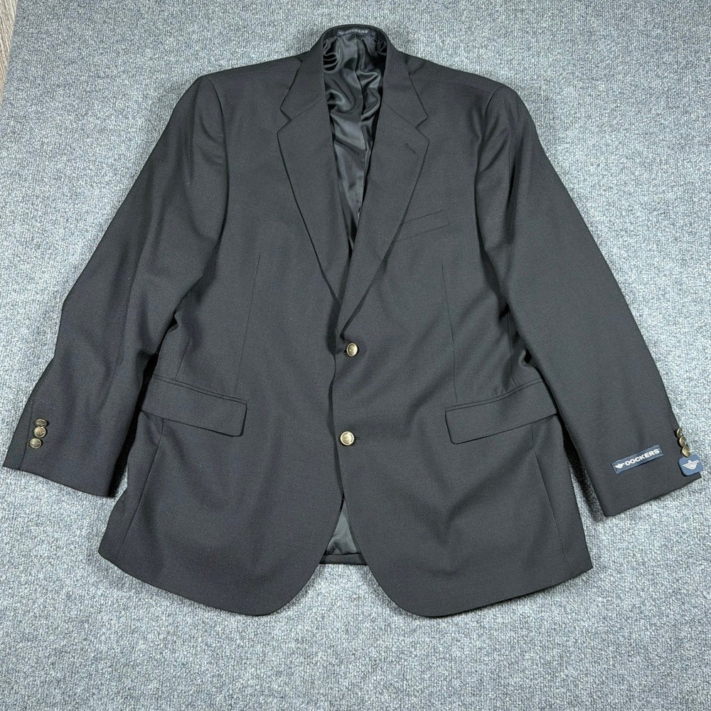 Dockers Jacket Blazer Mens 46L Black NEW Wool Blend 2-Button Gold Anchor Buttons